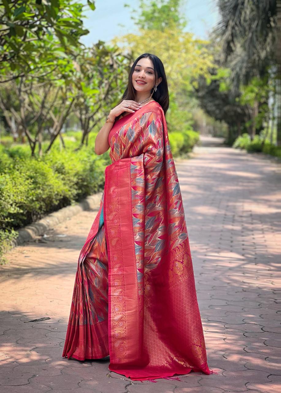 Women's Luxurious Pista Green & Pink Art Silk Saree with Intricate Leaf Weave & Broad Zari Border – Ideal for Festive & Wedding Occasions - Image 5